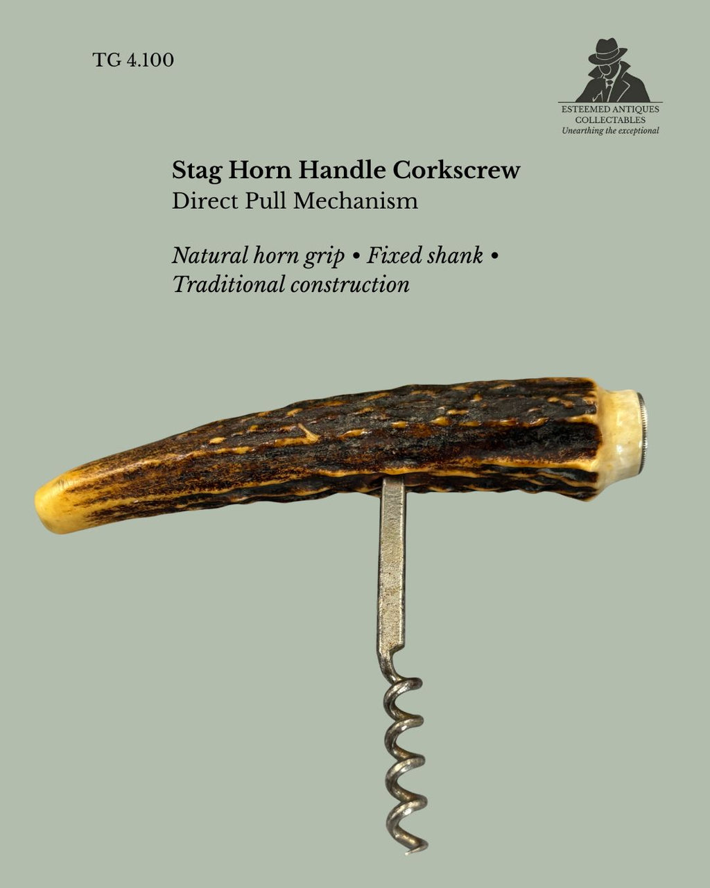 T-Handle Corkscrew, Stag Horn & Silver Coin Inset, Lauret Siret Rochefort France, c.1900