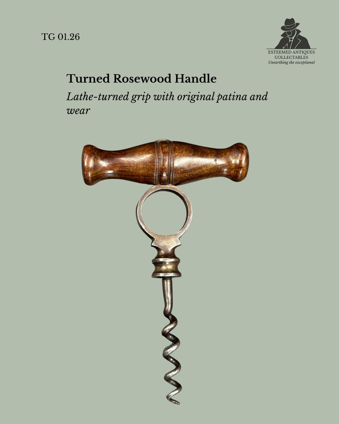 Holborn Straight Pull Corkscrew, Ring Shank, Rosewood Handle, England, Circa 1880 to 1900
