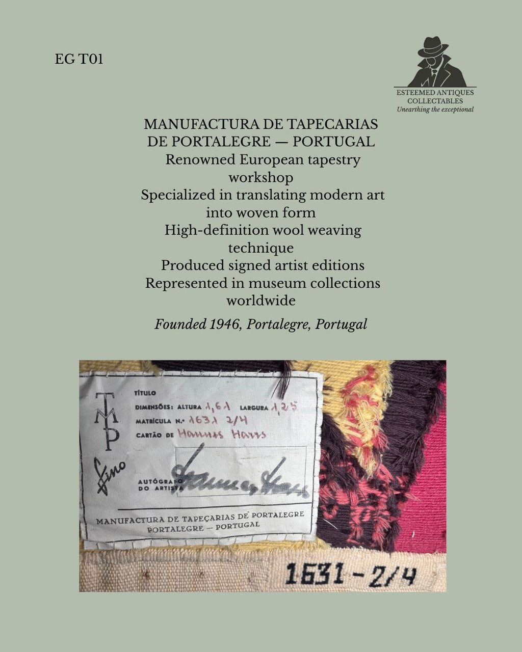 Hannes Harrs Portalegre Tapestry, South African Artist Design Woven in Portugal, Hand-Woven Wool Abstract Wall Hanging