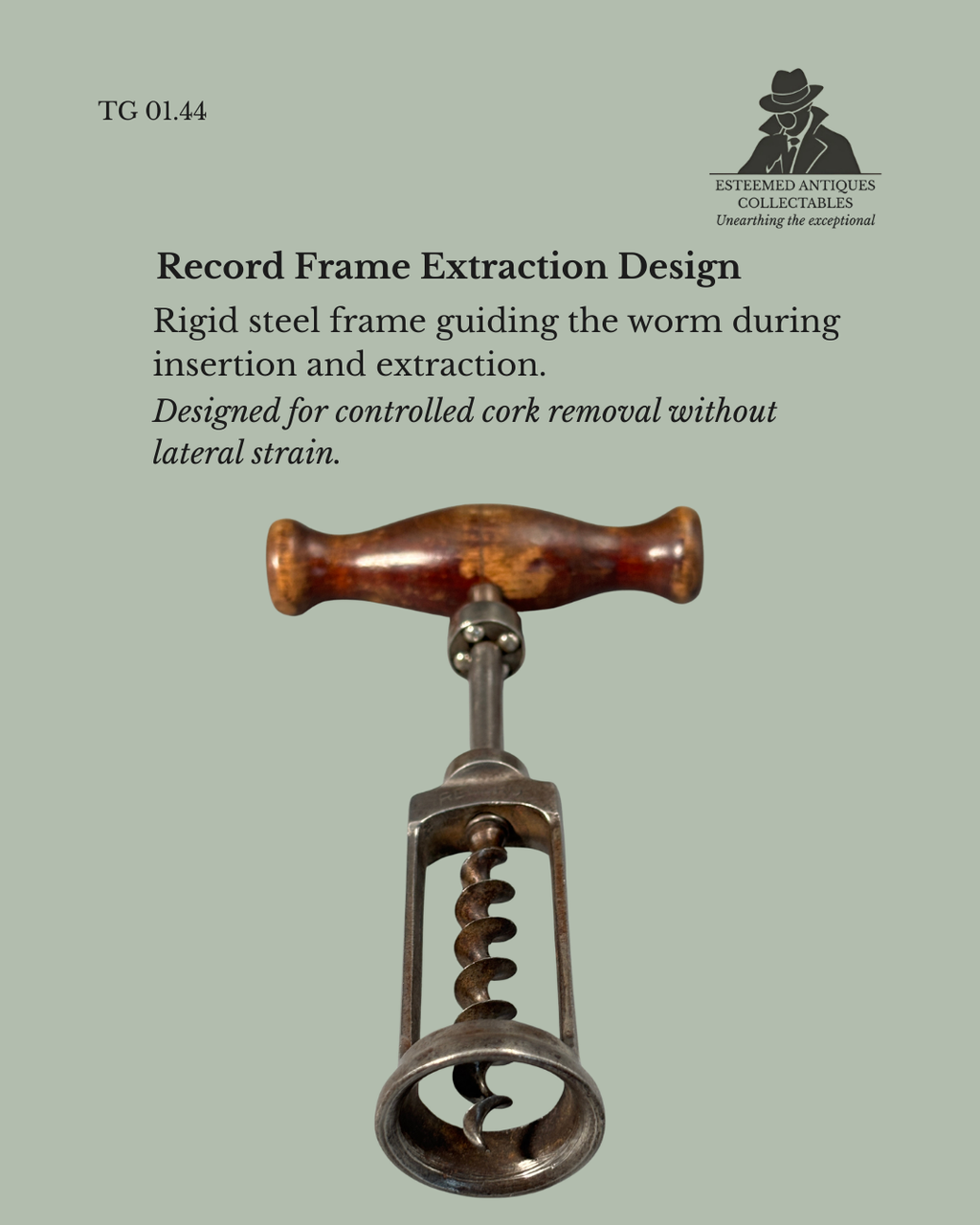 Record Frame Corkscrew, Steel with Turned Wood Handle, DRGM Registered, Germany, c.1926