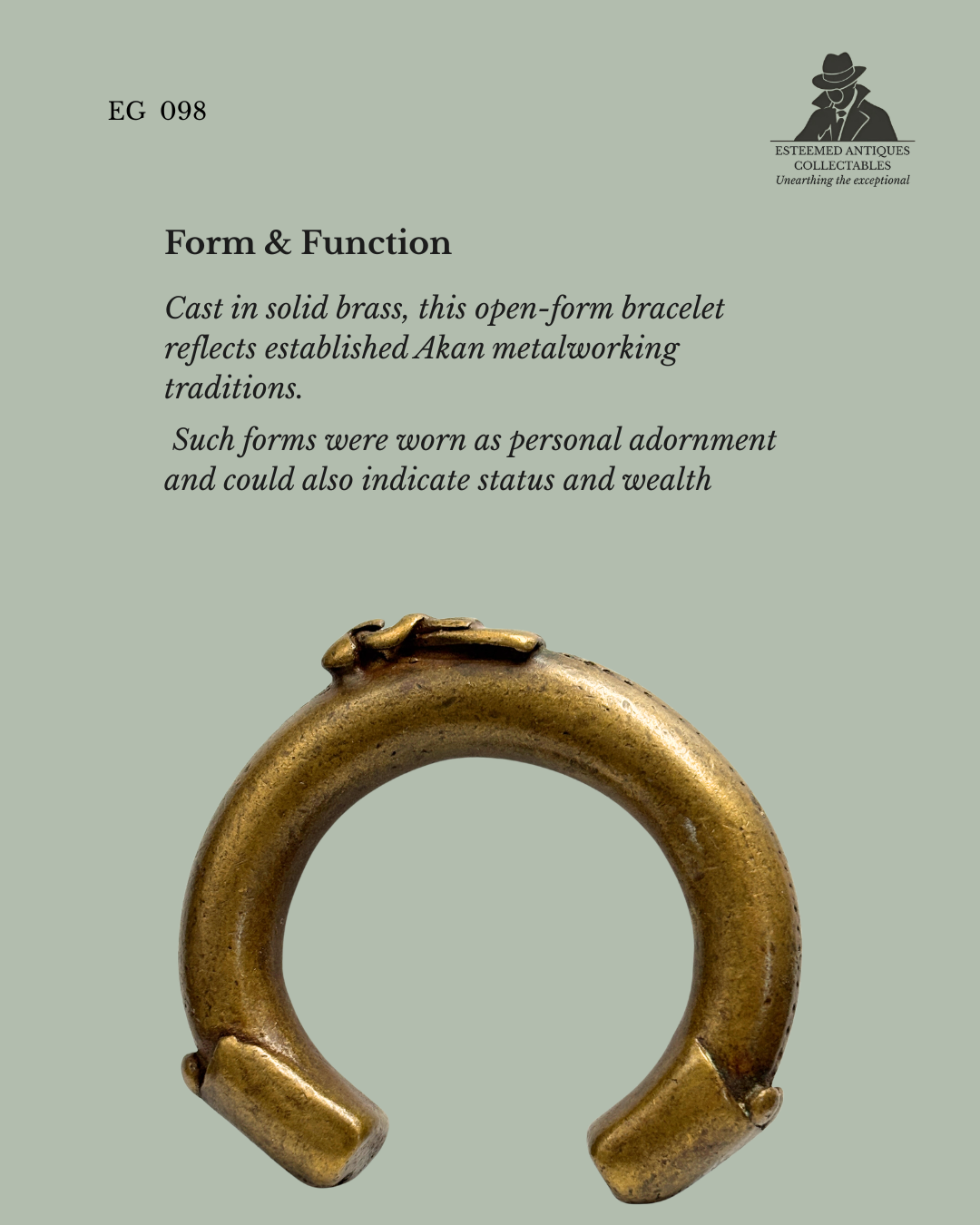 Cast brass West African bracelet, Akan tradition, Ghana, lost-wax technique, 20th century.