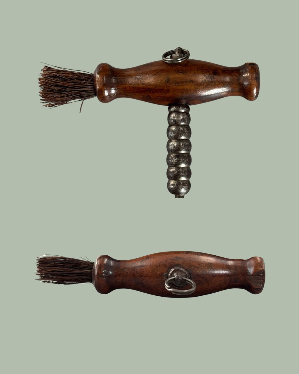 TG 0127 Victorian Wooden Handle Bar Corkscrew with Brush   Continental Europe Tavern Wine Opener circa 1880 to 1910