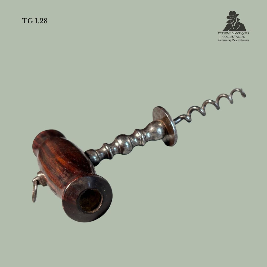 English Henshall-Type Button Corkscrew with Serrated Guide Disc, Turned Steel Shank and Hardwood Handle, c.1880–1900