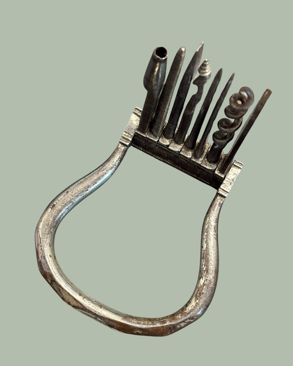 Antique Folding Bow Corkscrew Multitool  Eight Integrated Tools