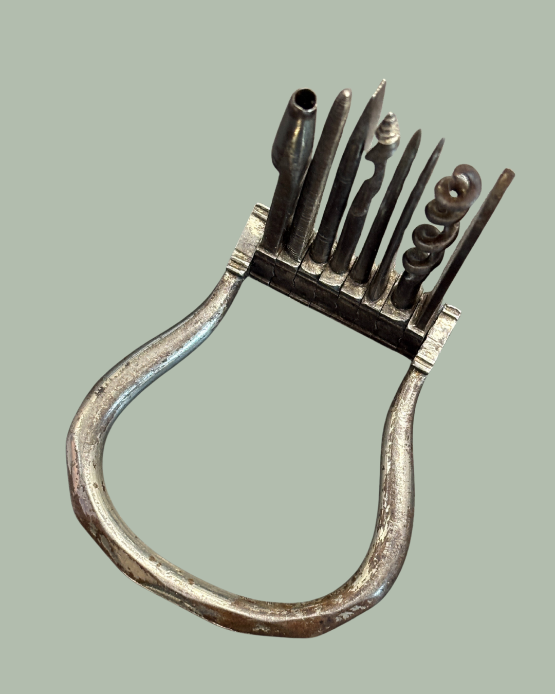 Antique Folding Bow Corkscrew Multitool  Eight Integrated Tools