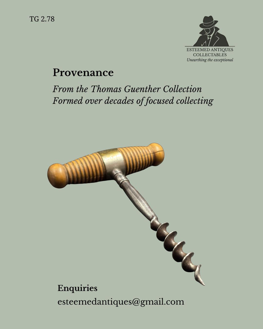 TG 2.78 Early 19th-Century Continental European T-Handle Corkscrew, Hand-Forged (Circa 1820–1850)