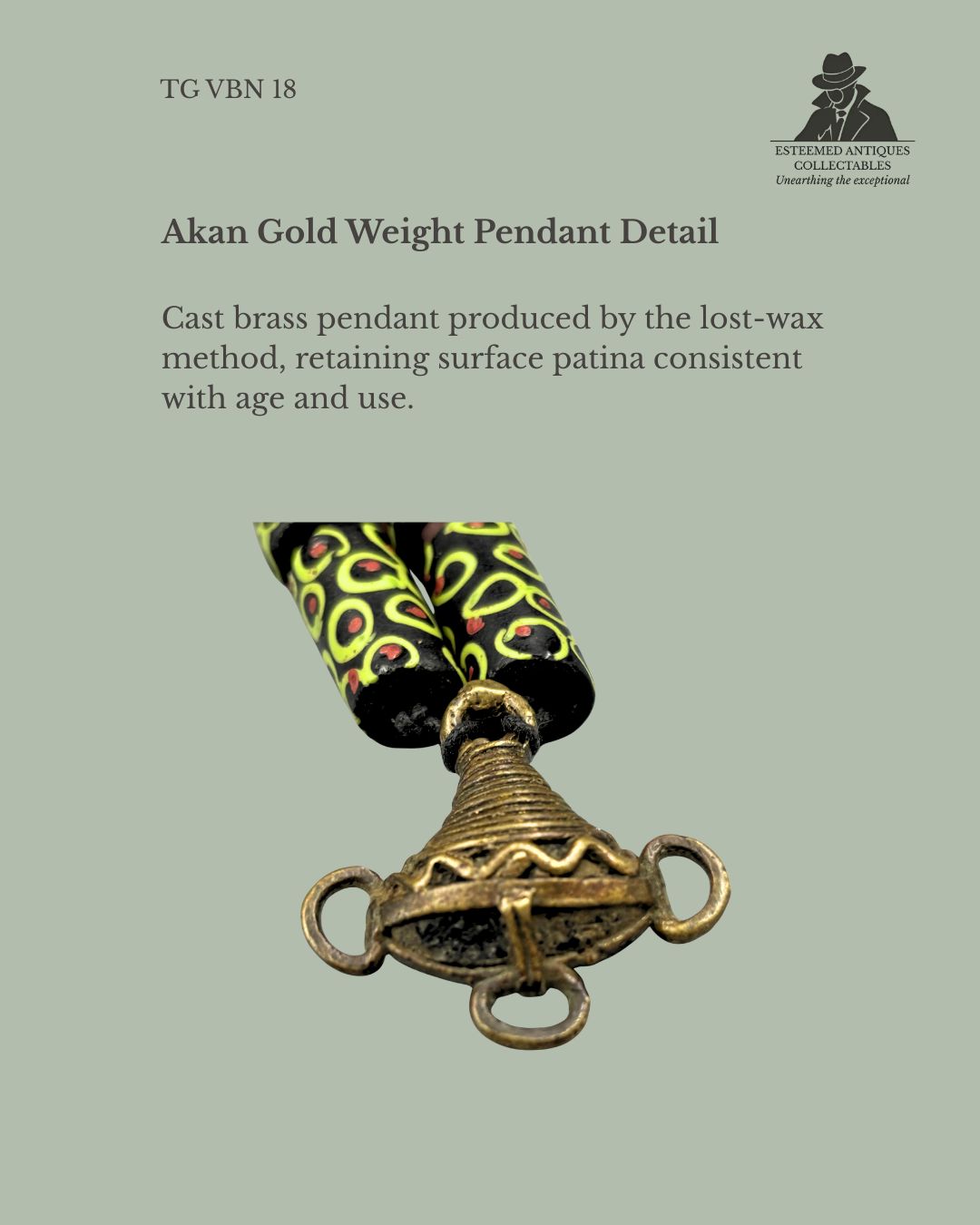 Venetian Millefiori Trade Bead Necklace with Akan Gold Weight Pendant, West Africa (Ghana), Glass and Cast Brass