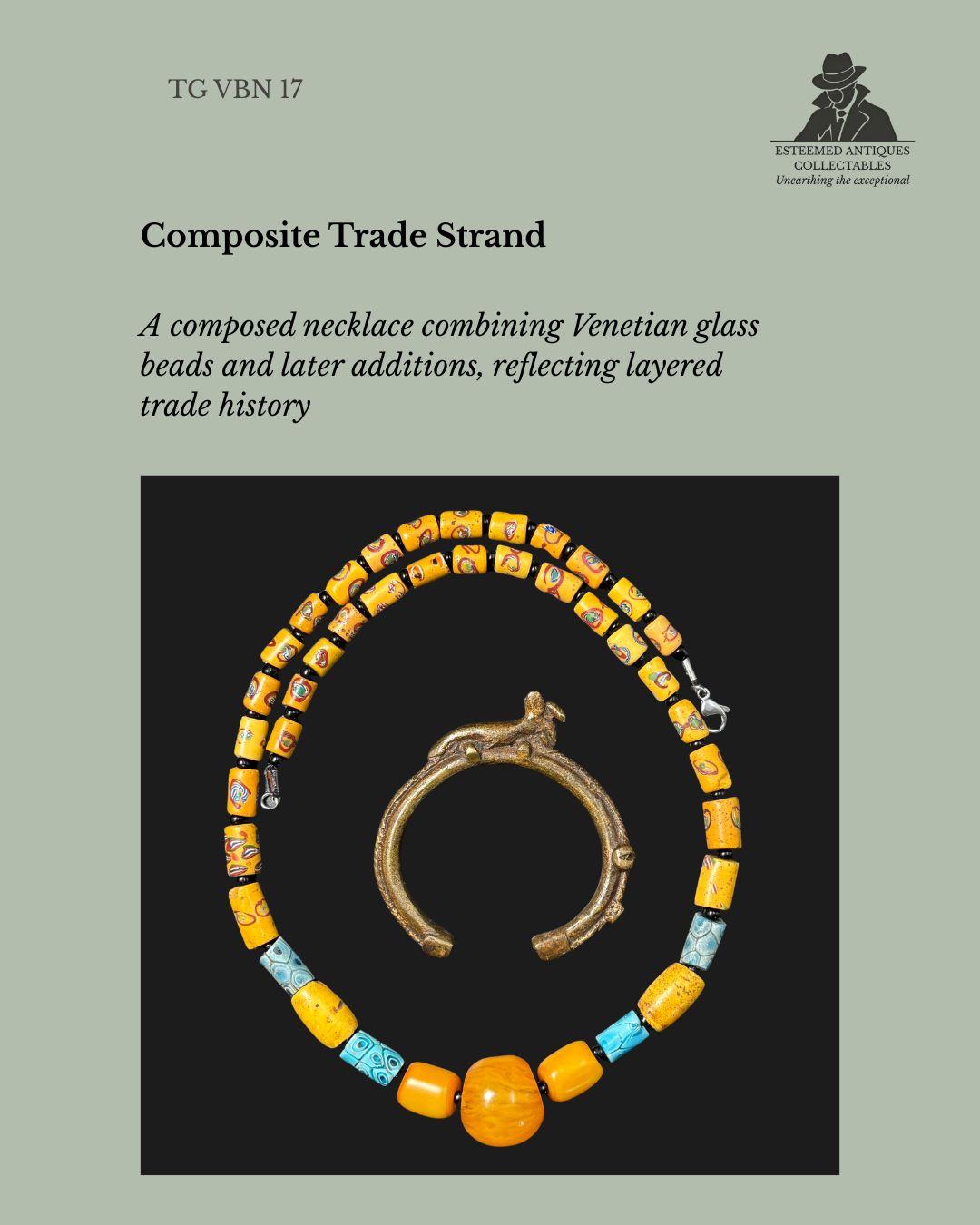 Venetian Millefiori Glass Trade Bead Necklace with Phenolic Resin Beads and Akan Cast Brass Bracelet, Ghana, West Africa