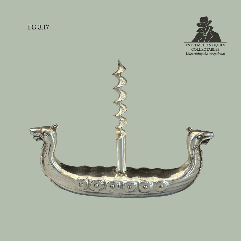Viking Ship Figural Corkscrew, Cast Silver-Plated Metal, Østlandske Sølv og Plett (O.S.P.), Norway, mid-20th century