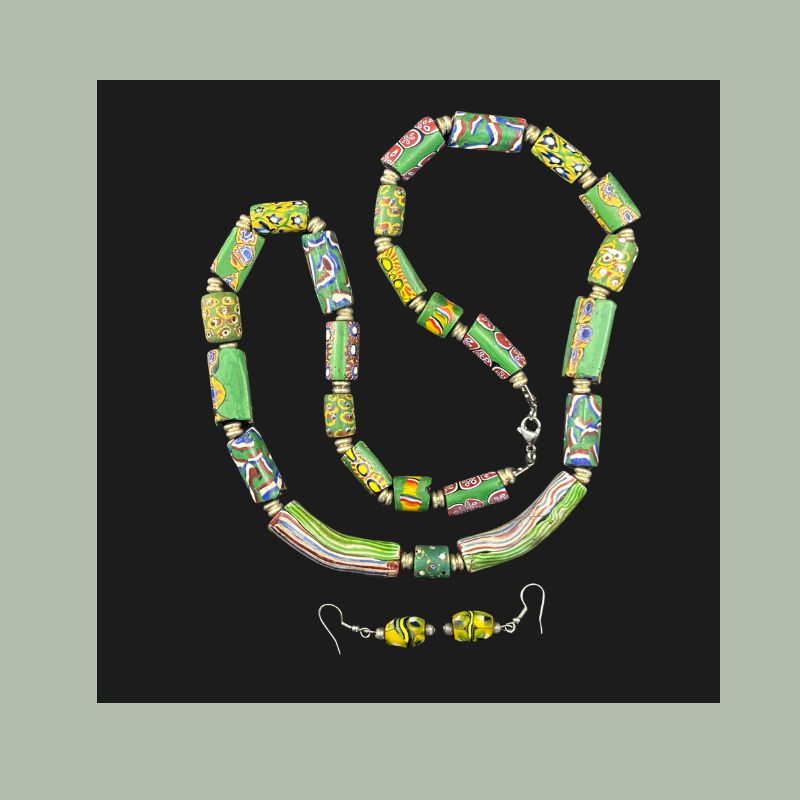 Antique Venetian millefiori glass trade beads, restrung as a necklace with earrings, 65 cm.