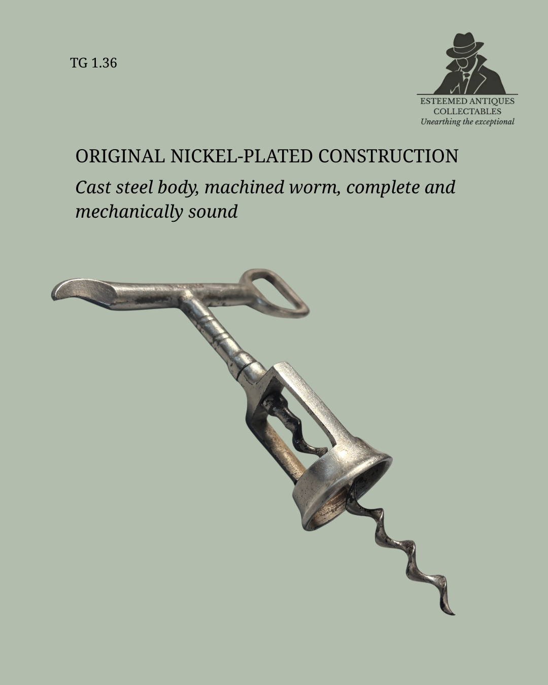 William Arthur Willetts Registered Bell-Frame Corkscrew, Nickel Plated Steel, England, 1922 (Rd No 692453)