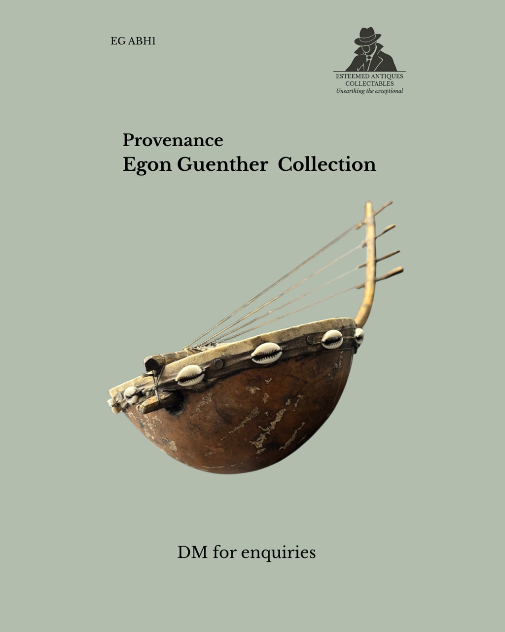 Small West African calabash lute with hide sound-table, wood neck and cowrie shell mounts, 20th century.