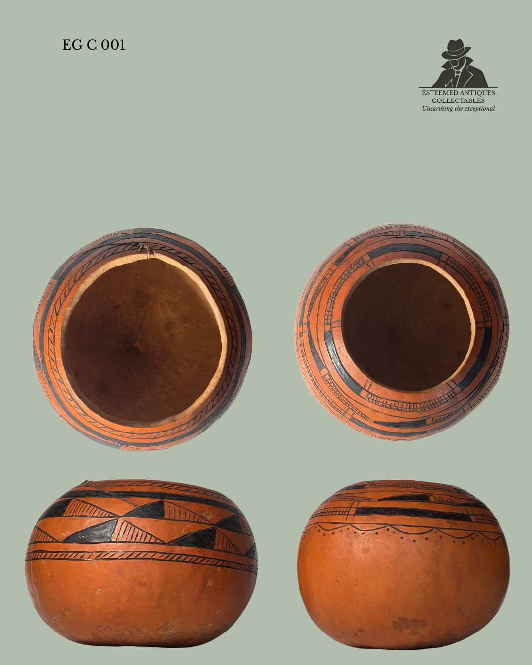 Ndebele / Tswana Geometric Calabash Bowls Pair – Southern Africa Hand-Carved Decorated Gourds