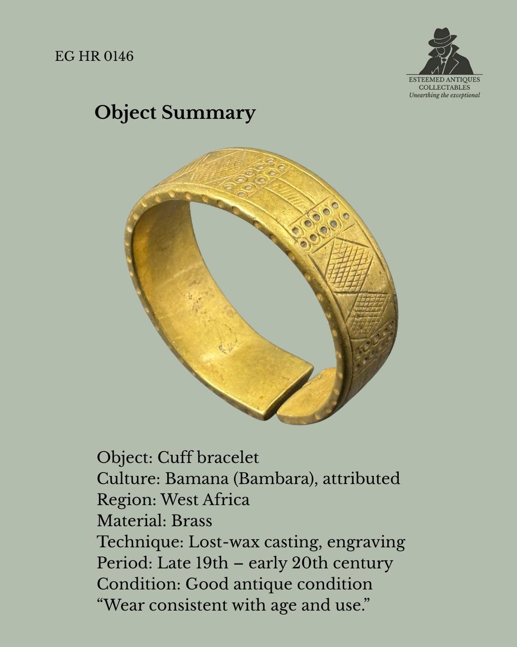 Bamana (Bambara) Brass Cuff Bracelet – Mali, West Africa – Cast Brass Geometric Bracelet