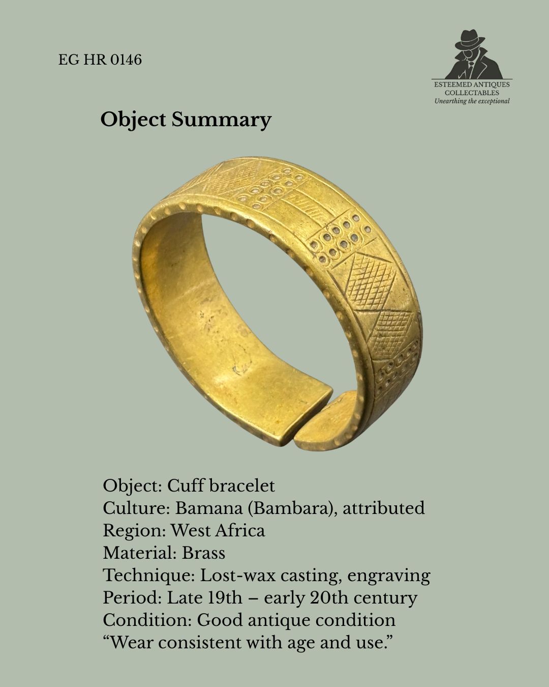 Bamana (Bambara) Brass Cuff Bracelet – Mali, West Africa – Cast Brass Geometric Bracelet