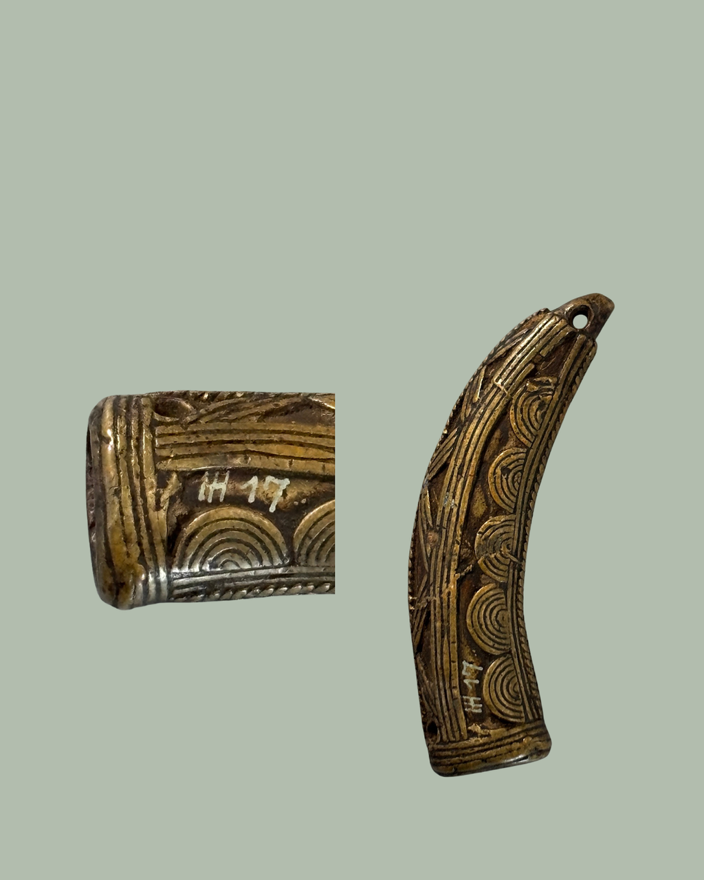 Antique Akan brass goldweight pendant from Ghana, 19th–20th century. Lost-wax cast Ashanti trade weight later worn as jewellery. Egon Guenther collection.