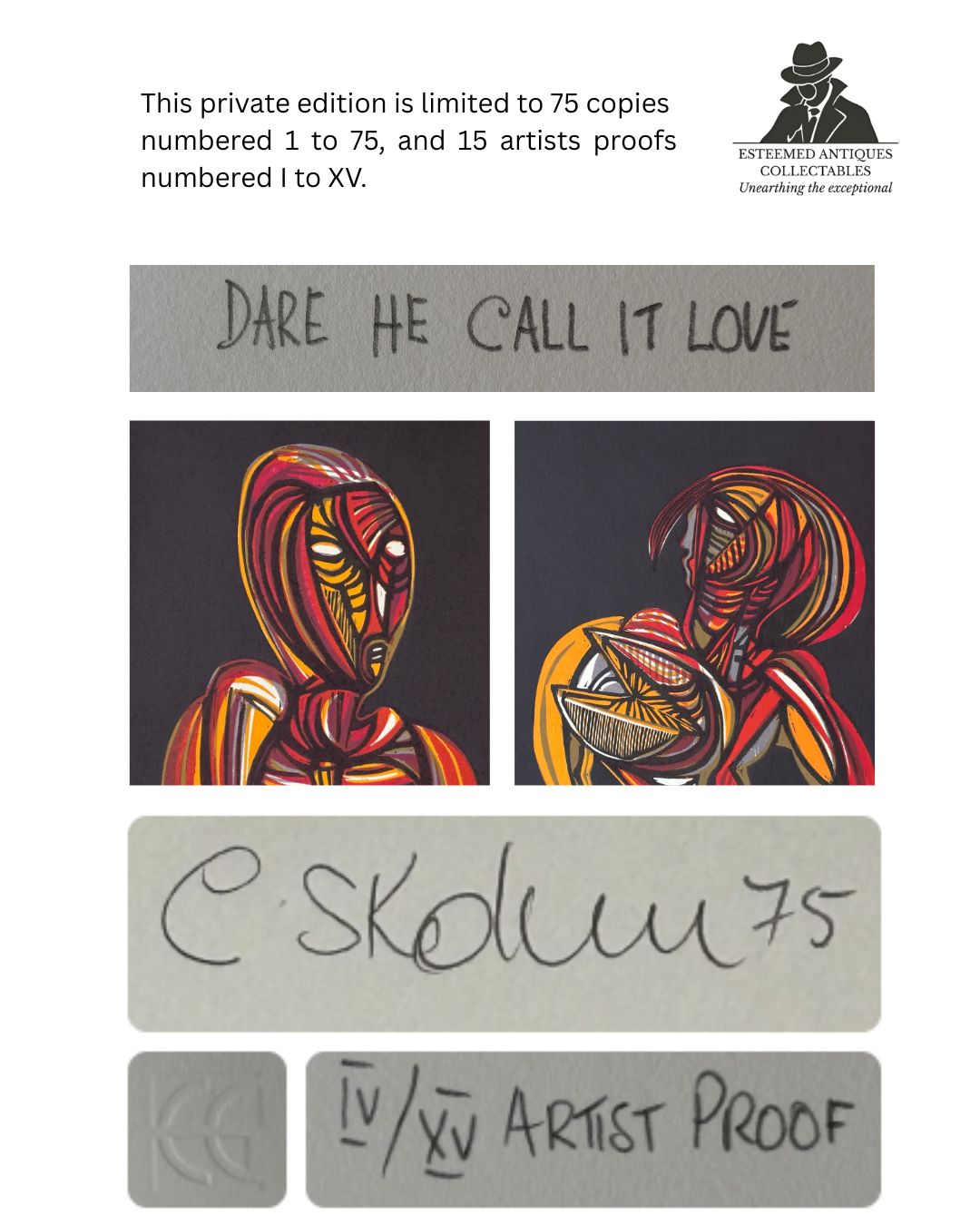 Cecil Skotnes (1926–2009) - “Dare He Call It Love”, Artist’s Proof Woodcut Print, South Africa, 1975, Zerkall Bütten Paper