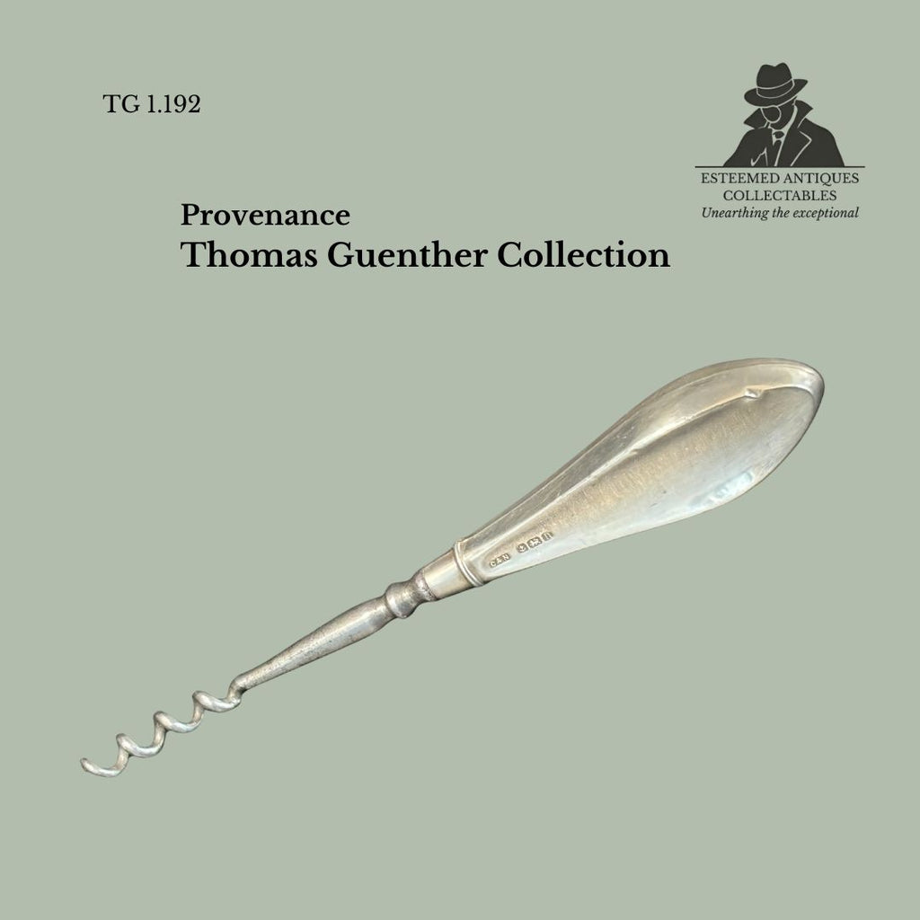 Sterling silver scent / perfume bottle corkscrew by Cohen & Nathan, hallmarked Birmingham 1912, an Edwardian vanity tool for opening perfume or scent bottles.