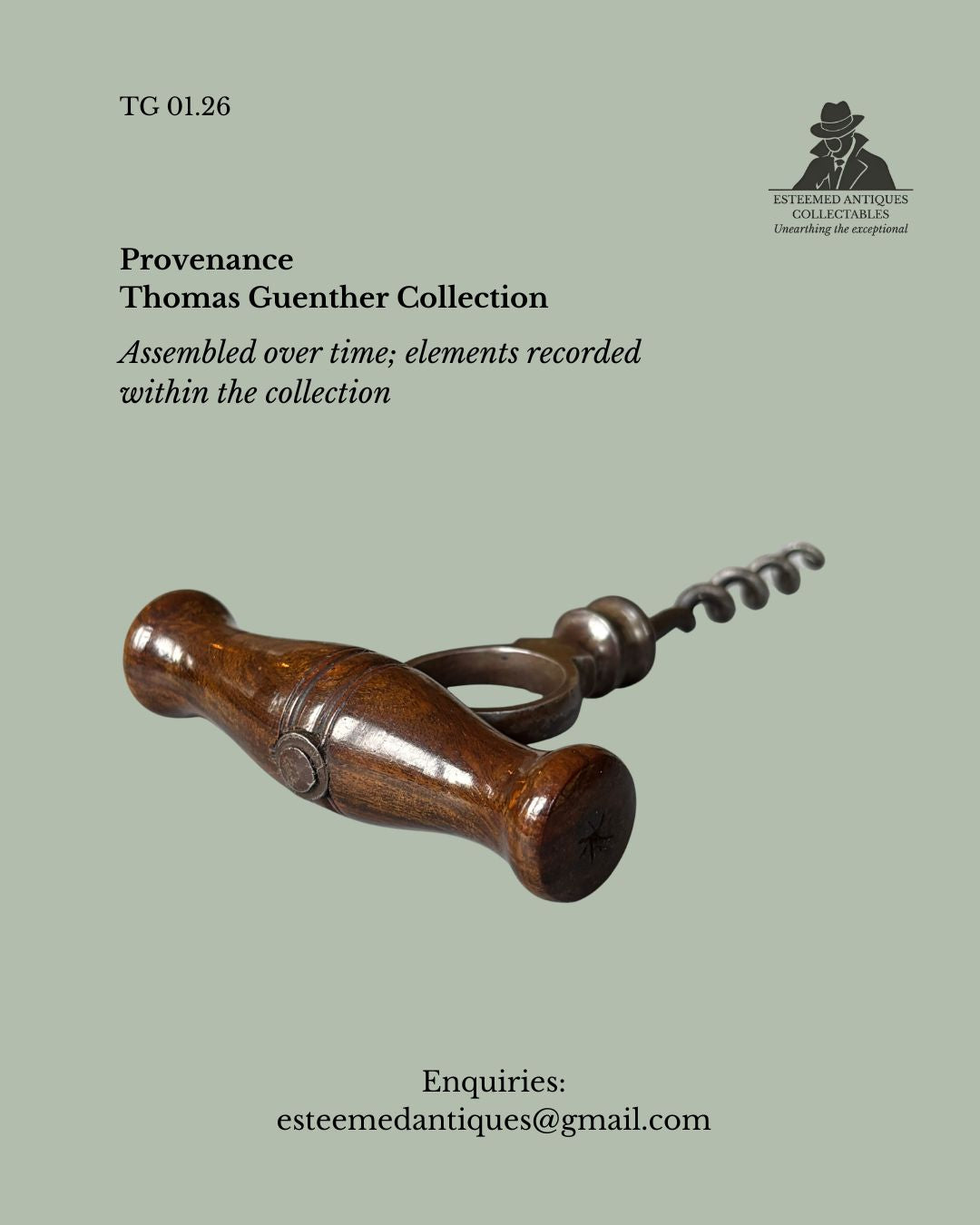 Holborn Straight Pull Corkscrew, Ring Shank, Rosewood Handle, England, Circa 1880 to 1900