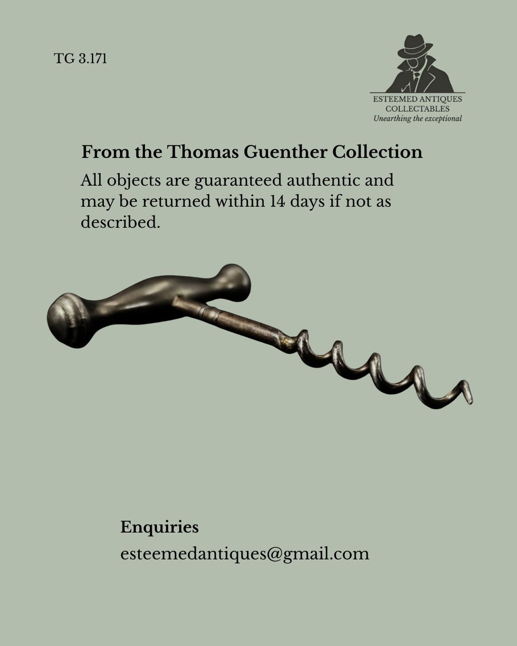 T-Handle Corkscrew, Direct Pull Mechanism, Steel with Turned Metal Handle, Europe, c.1920–1940