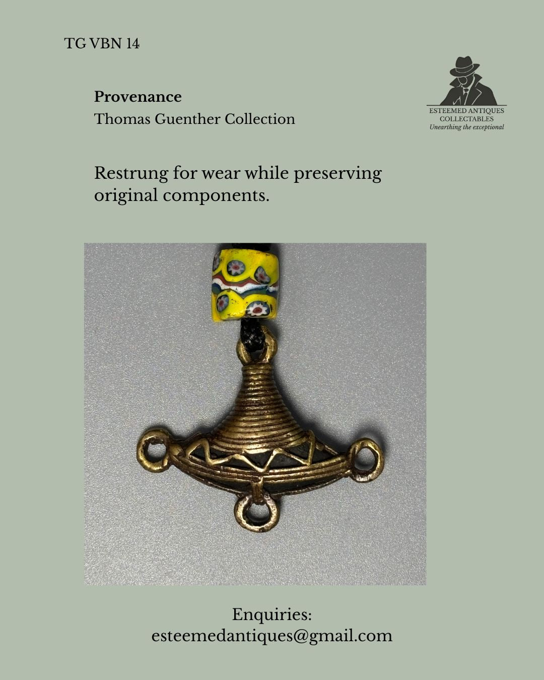 Antique Venetian Millefiori Trade Bead Necklace with Akan Brass Gold Weight Pendant, West Africa / Italy, Glass and Lost-Wax Brass