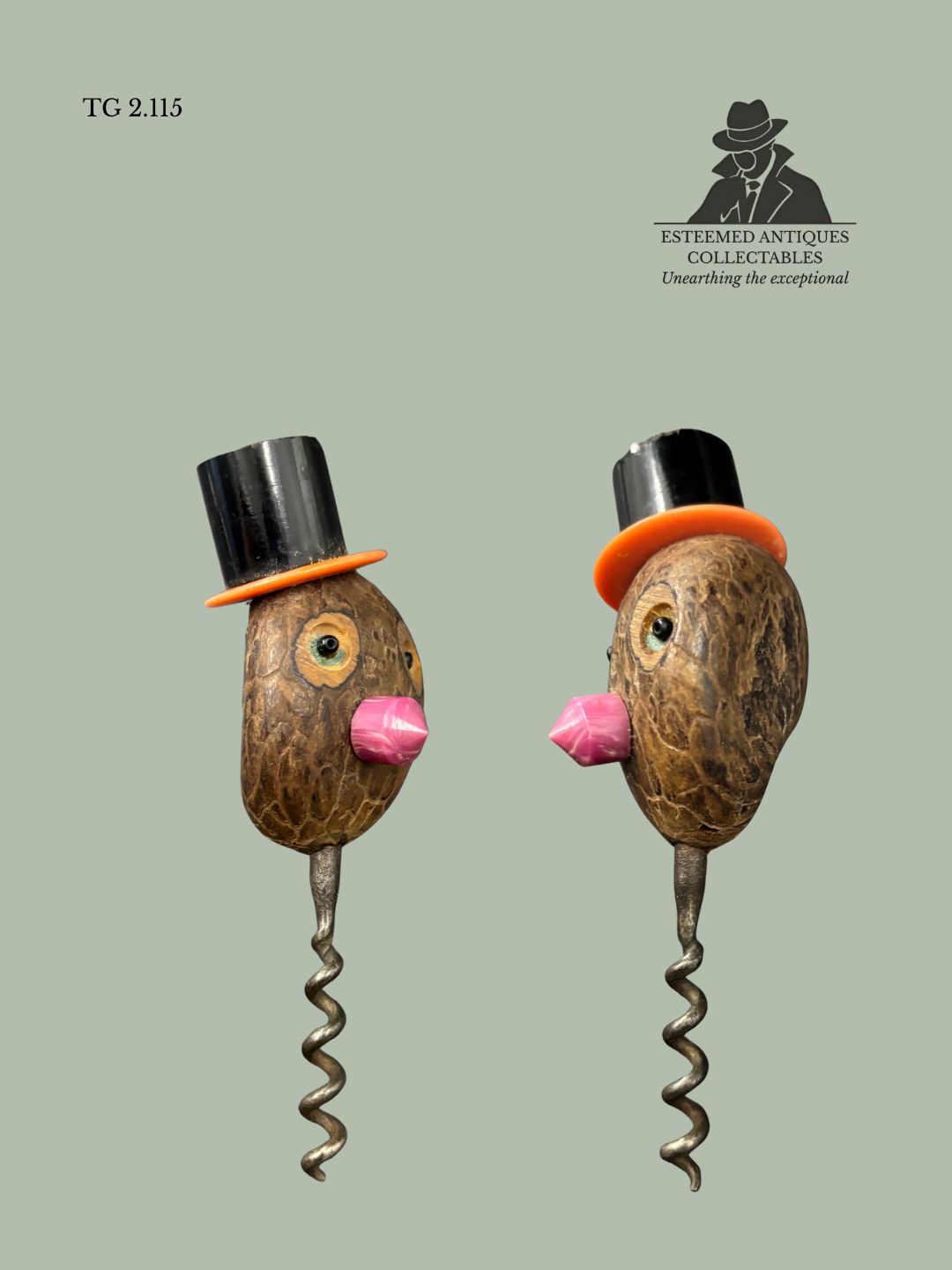 Rare vintage walnut novelty corkscrews from the 1930s–1950s. Hand-carved figural nut-head corkscrews. Collectible European barware.