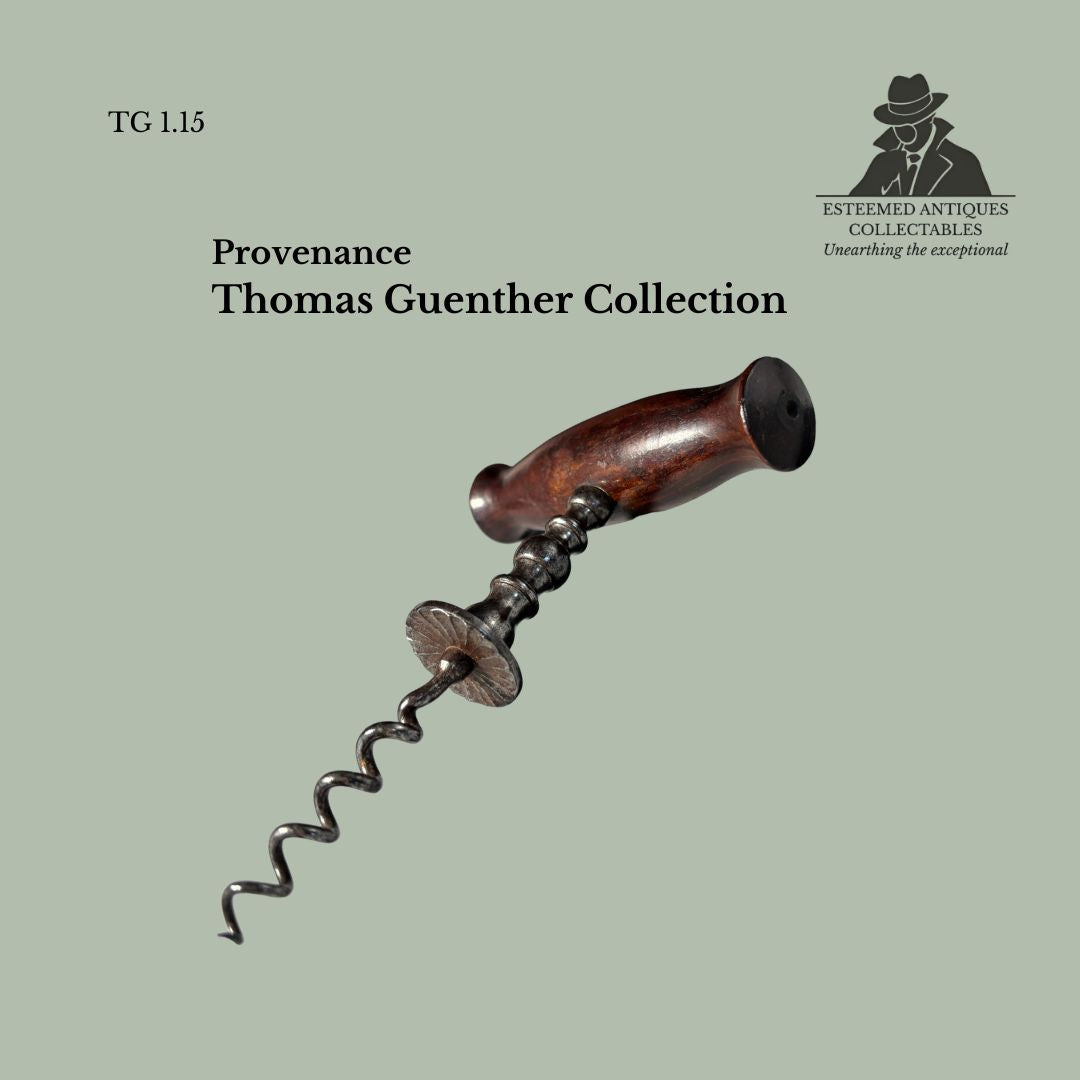 English Henshall-Type Button Corkscrew with Serrated Guide Disc, Turned Steel Shank and Hardwood Handle, c.1880–1900