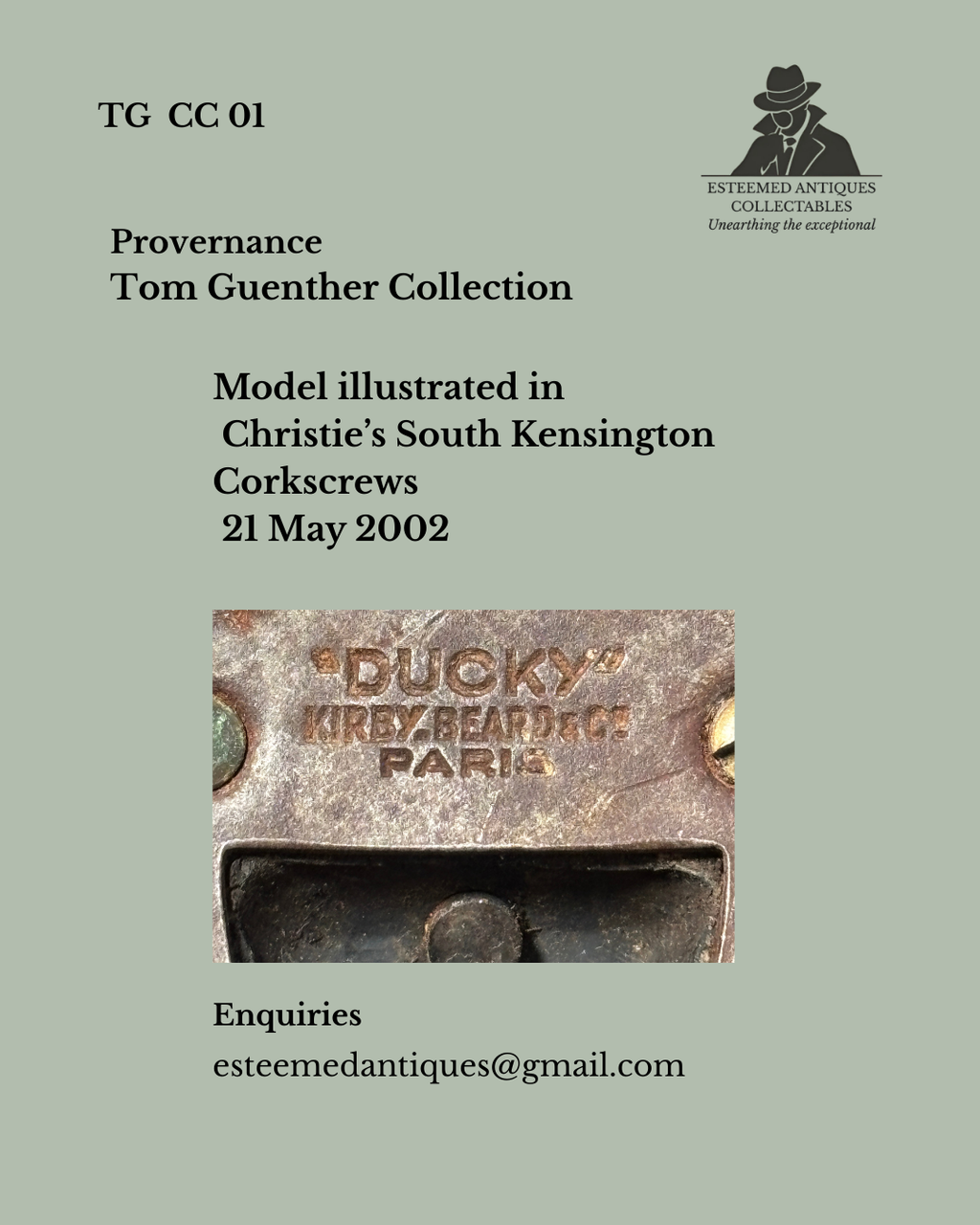 Early French “Ducky” cap lifter by Kirkby Beard & Co, Paris, documented in the 2002 Christie’s corkscrew sale.