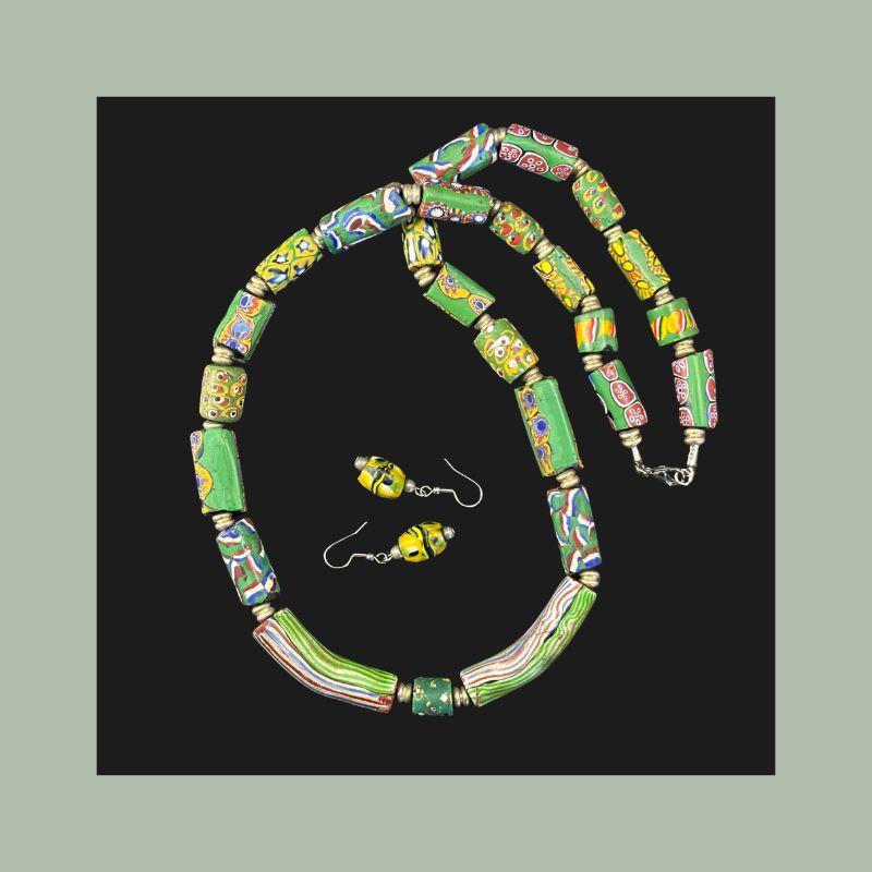 Antique Venetian millefiori glass trade beads, restrung as a necklace with earrings, 65 cm.