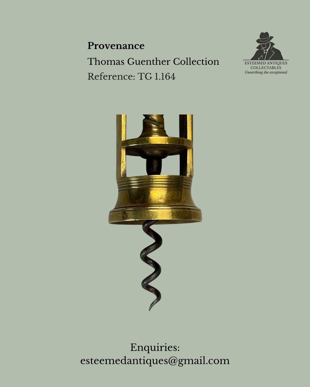 Farrow & Jackson Type Open-Frame Corkscrew, Wing Nut (Handle-Fixed), Brass, England, c.1880