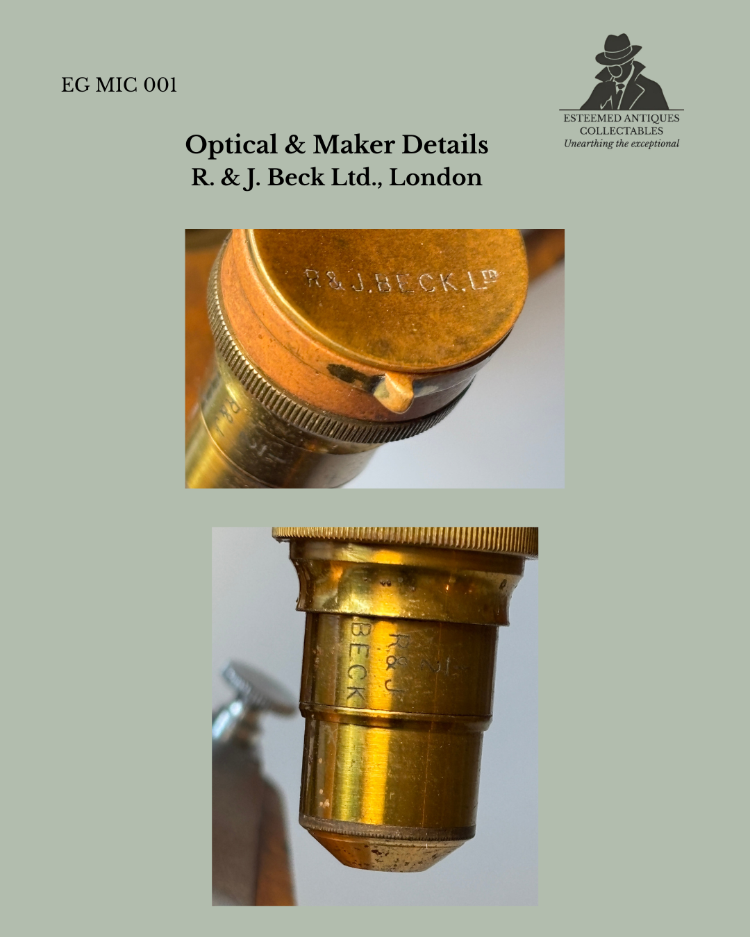 Antique brass compound microscope by R. & J. Beck Ltd., London, serial no. 21696, late 19th–early 20th century scientific instrument.