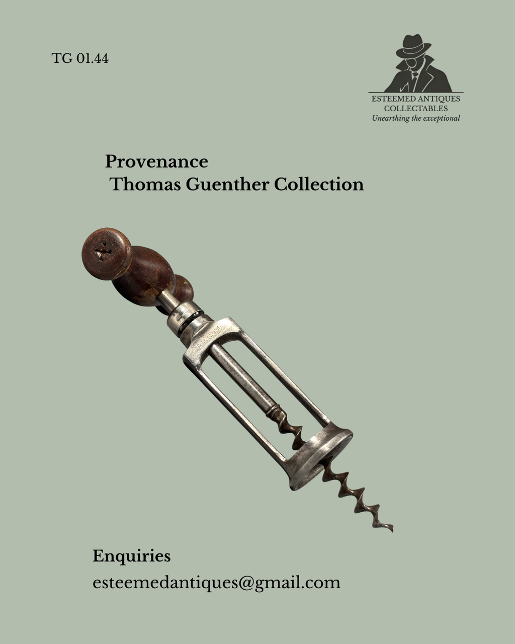 Record Frame Corkscrew, Steel with Turned Wood Handle, DRGM Registered, Germany, c.1926