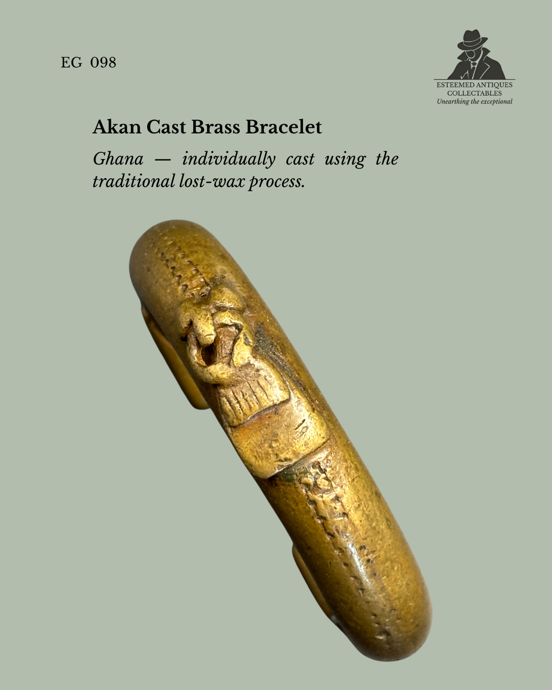 Cast brass West African bracelet, Akan tradition, Ghana, lost-wax technique, 20th century.
