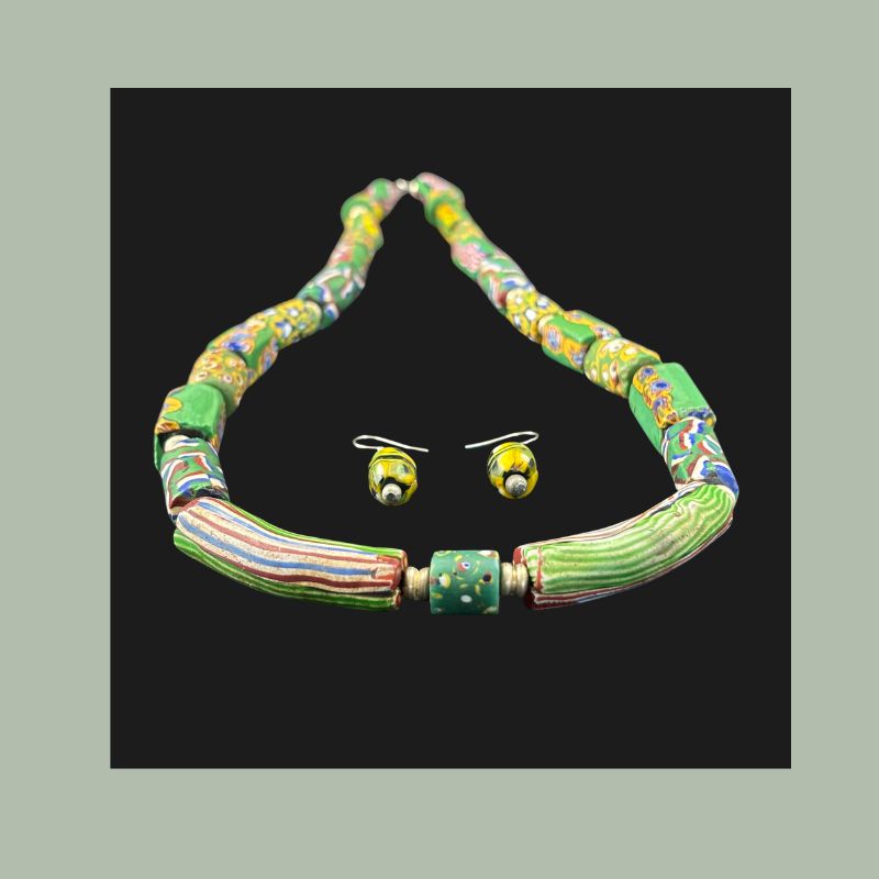 Antique Venetian millefiori glass trade beads, restrung as a necklace with earrings, 65 cm.
