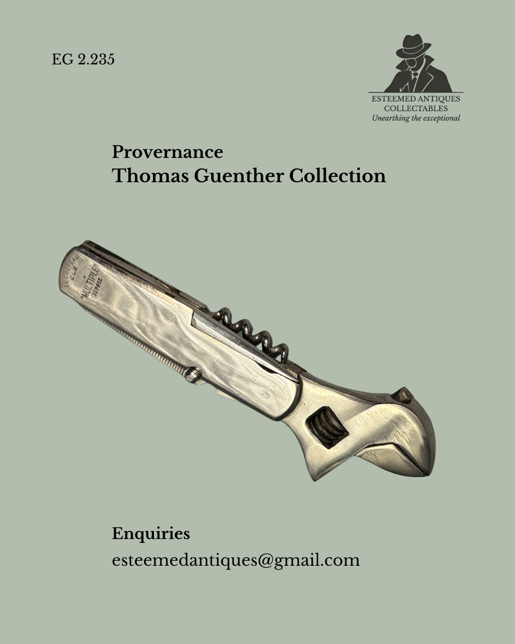 Advertisement for a vintage corkscrew with 'Provenance Thomas Guenther Collection' text on a light green background.