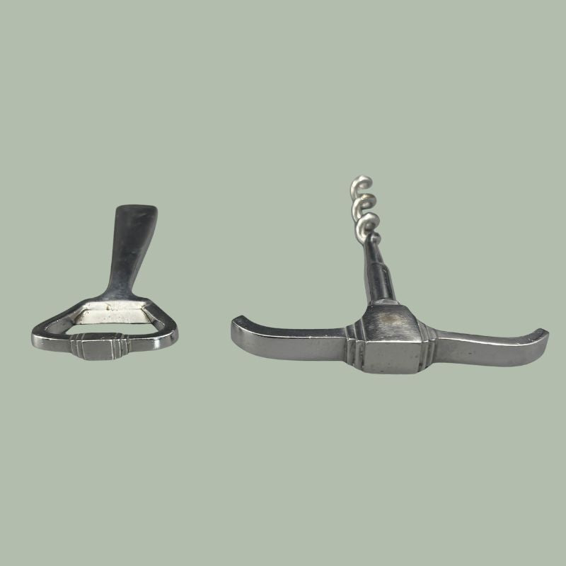 Art Deco T-Handle Corkscrew and Bottle Opener Set, Nickel Plated Brass, England, c.1930