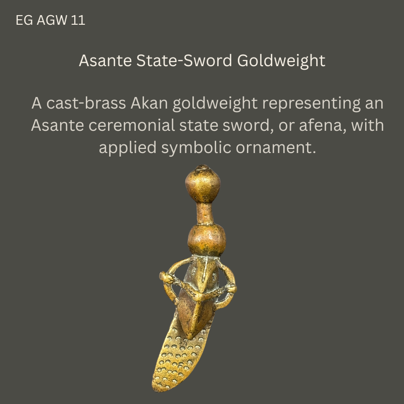 Asante Ceremonial State-Sword Goldweight with Ornamented Scabbard, Cast Brass, Ghana, circa 1890–1920