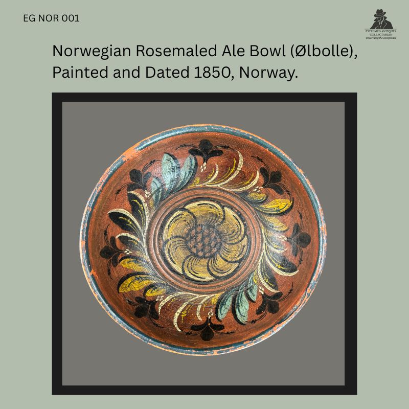 Norwegian Rosemaled Wooden Ale Bowl (Ølbolle), Hand-Turned Wood, Dated 1850