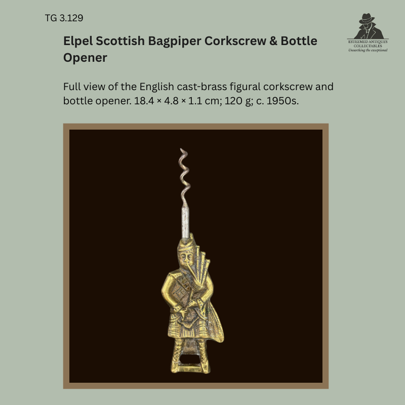 Elpel Highlander Bagpiper Figural Corkscrew & Bottle Opener, Brass & Steel, England, c. 1950s