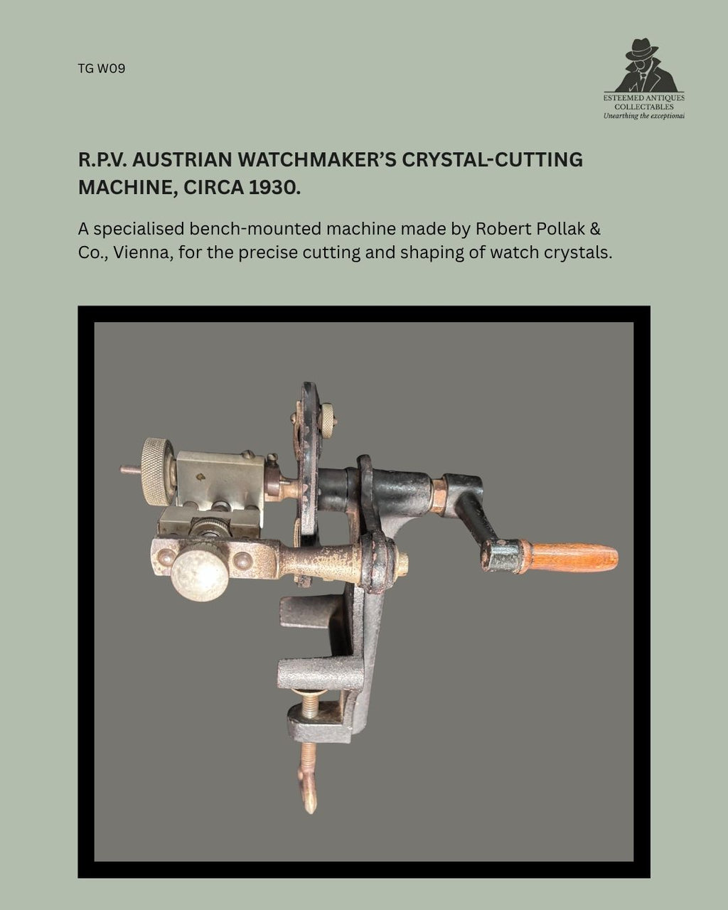 R.P.V. Antique hand-operated watchmaker’s machine-tool for cutting and shaping watch glass, Austria, circa 1930.”