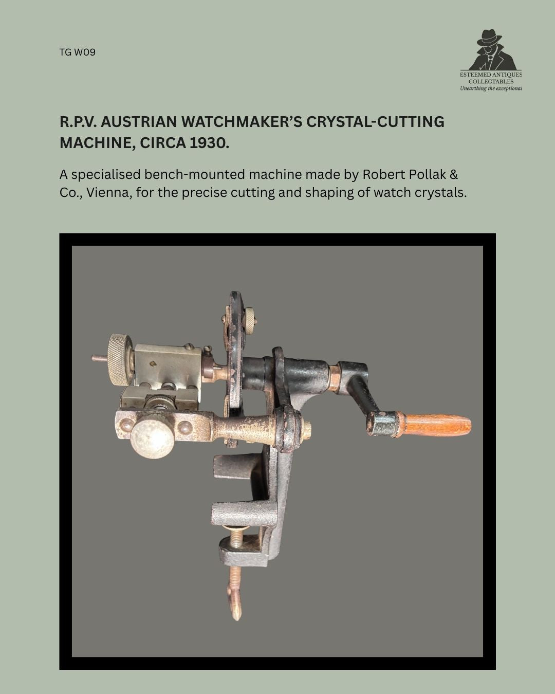 R.P.V. Antique hand-operated watchmaker’s machine-tool for cutting and shaping watch glass, Austria, circa 1930.”