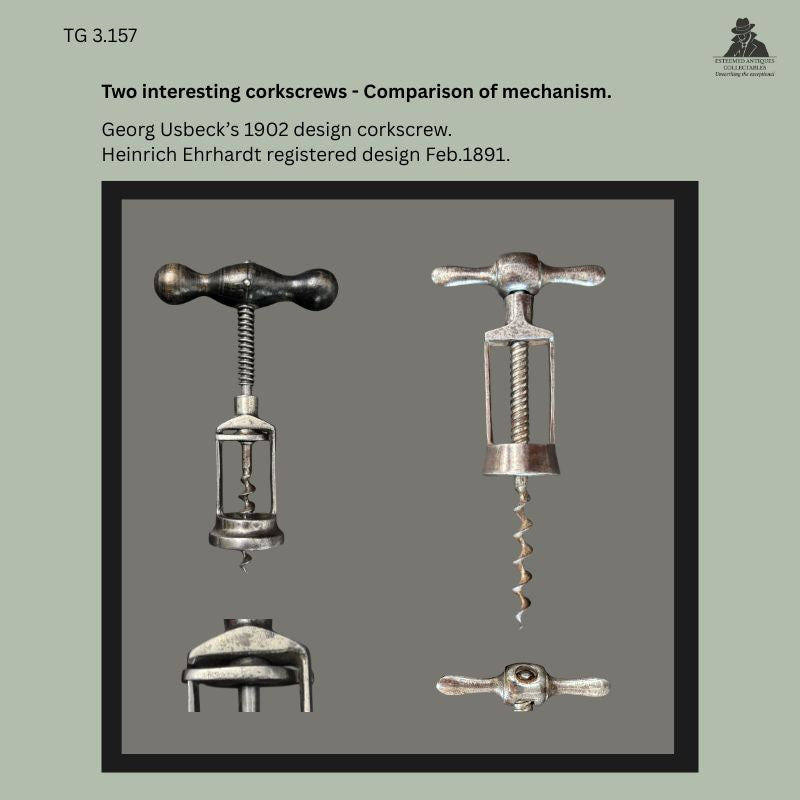 Two German Patent Corkscrews, Usbeck 1902 and Ehrhardt Challenge 1891, Steel and Wood, Germany - For Sale