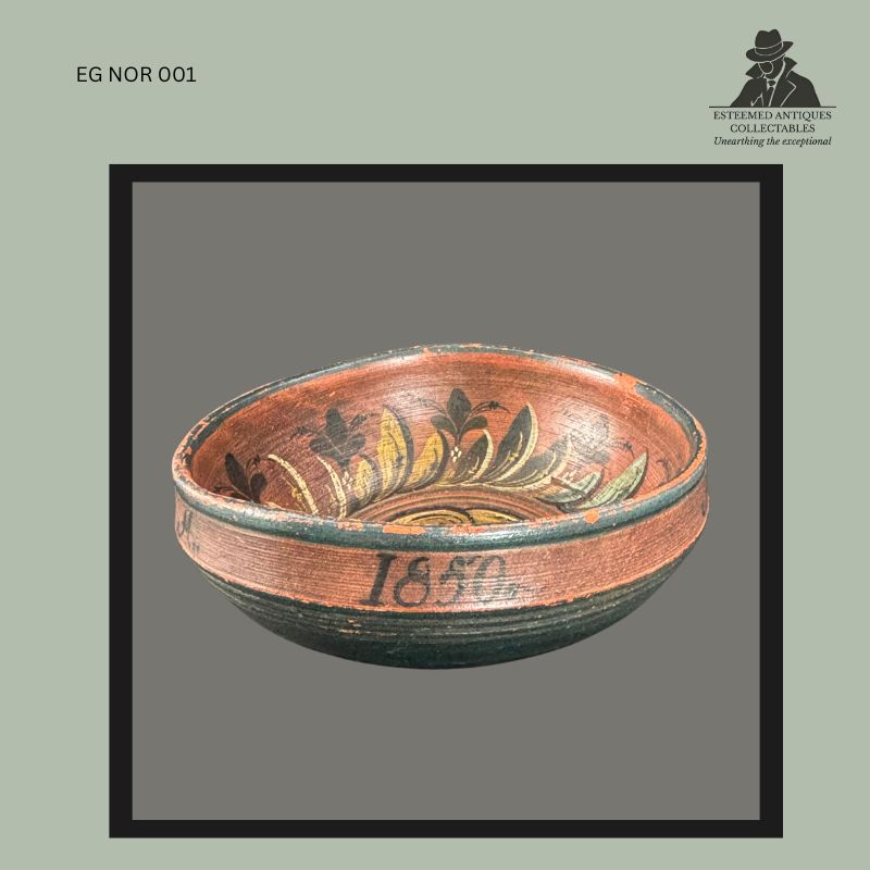 Norwegian Rosemaled Wooden Ale Bowl (Ølbolle), Hand-Turned Wood, Dated 1850
