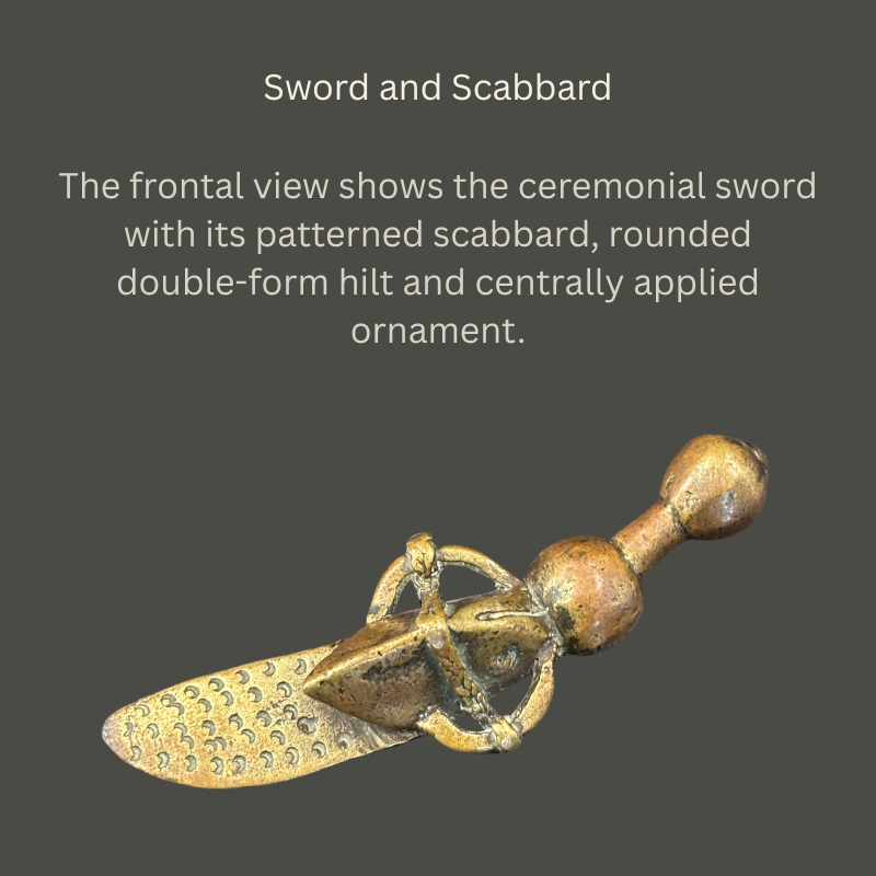 Asante Ceremonial State-Sword Goldweight with Ornamented Scabbard, Cast Brass, Ghana, circa 1890–1920