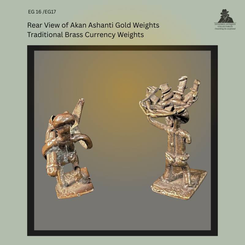 Rear view of two Akan Ashanti cast brass gold weights from Ghana, depicting a basket bearer and a machete bearer. The reverse perspective highlights the lost-wax casting, figure modelling, and square bases. Provenance: Egon Guenther Collection, by family descent to the Thomas Guenther Collection.