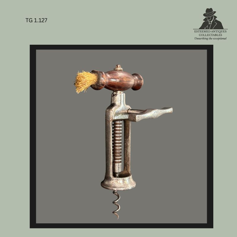 Rack and Pinion Corkscrew, Lund-Type Simplified Design, Wood Handle with Brush, England, c.1885–1905