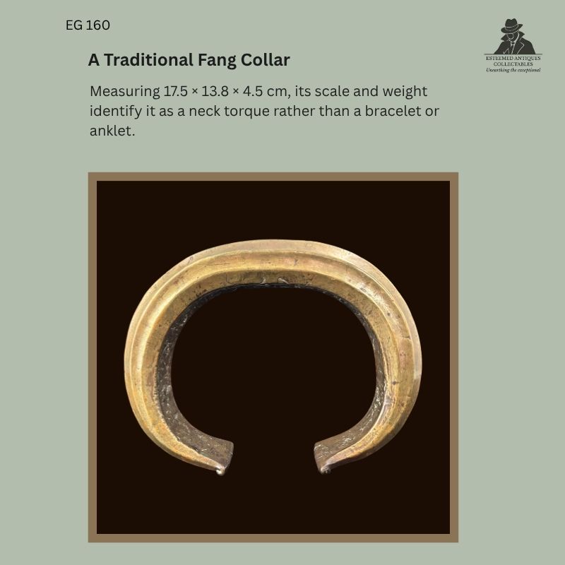 Catalogue panel showing EG 160, a substantial Fang solid-cast copper-alloy neck torque from Gabon, measuring 17.5 × 13.8 × 4.5 cm, displayed frontally with its open terminals visible.