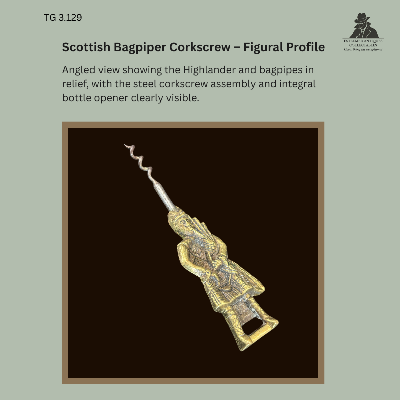 Elpel Highlander Bagpiper Figural Corkscrew & Bottle Opener, Brass & Steel, England, c. 1950s