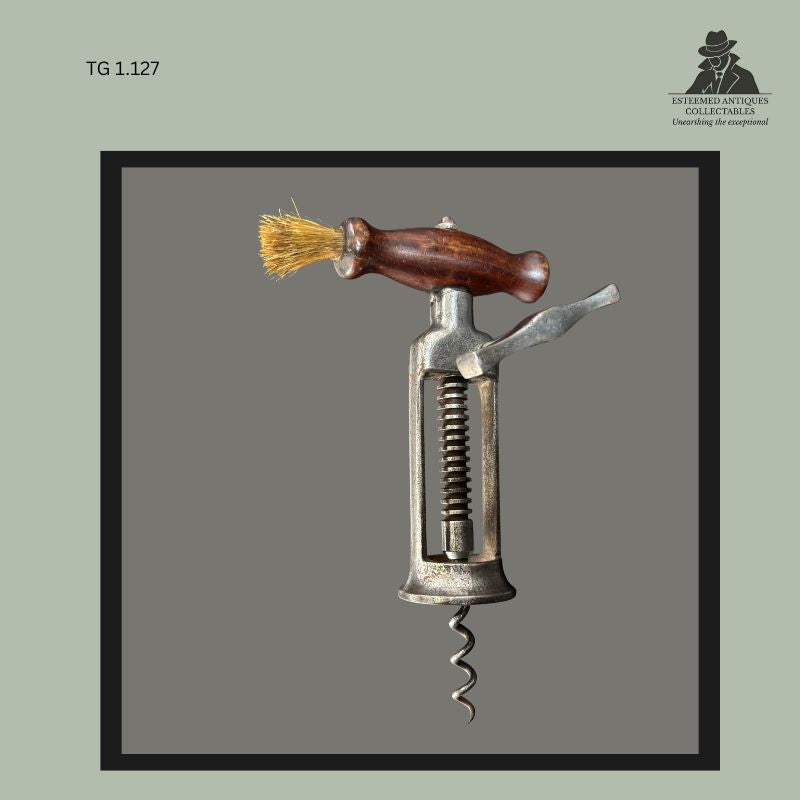 Rack and Pinion Corkscrew, Lund-Type Simplified Design, Wood Handle with Brush, England, c.1885–1905