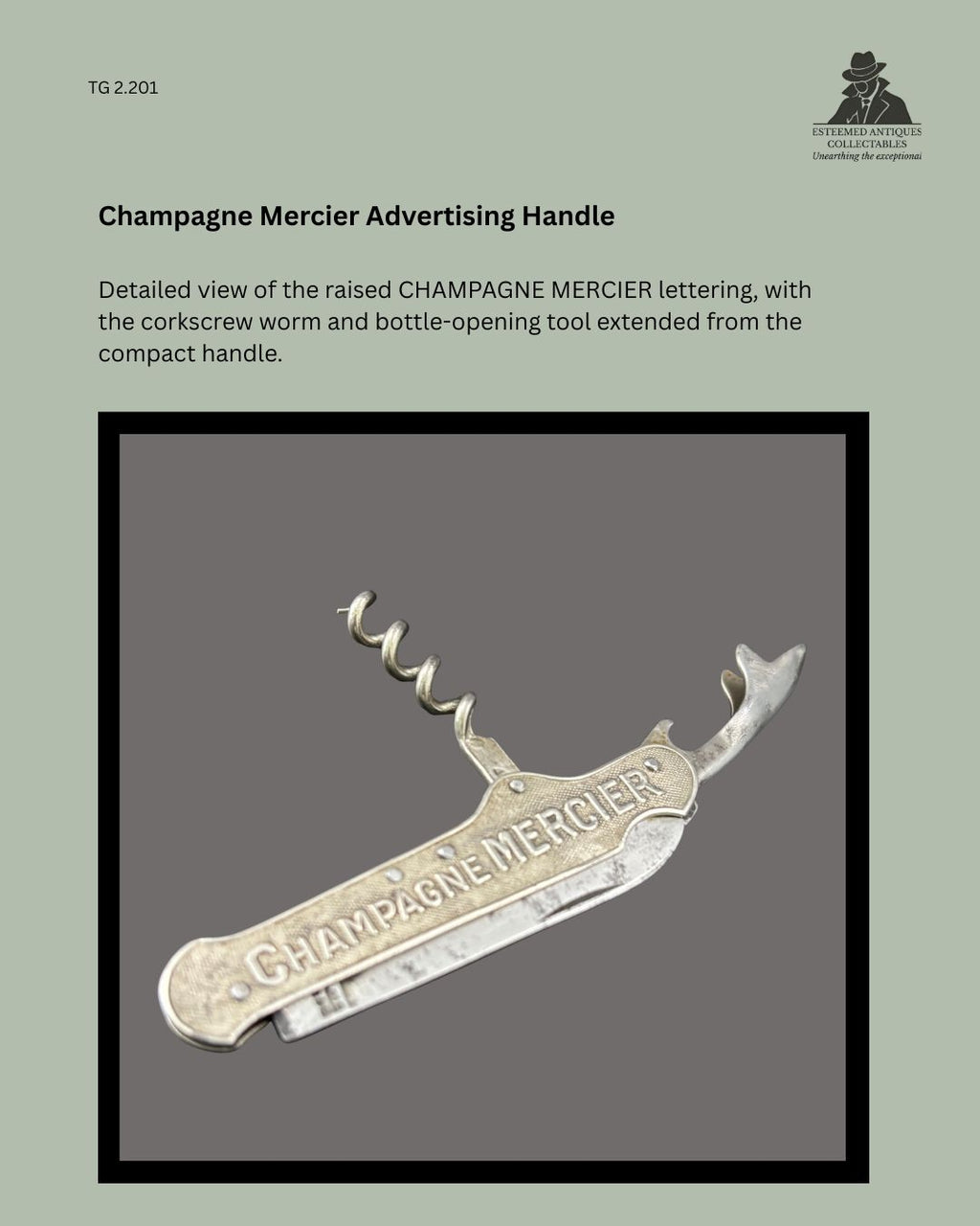 Champagne Mercier French advertising pocket corkscrew with raised branded metal handle, shown with the steel corkscrew worm and bottle-opening tool extended.
